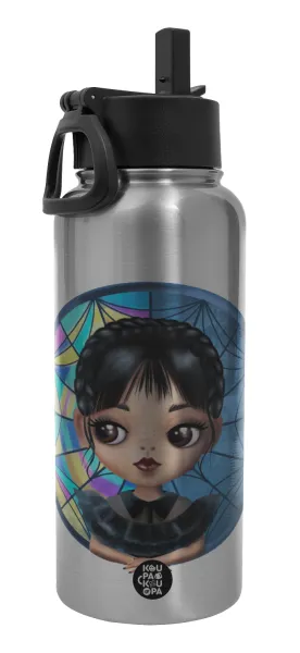 Wednesday big eyes — Metal mug thermo Silver with Straw and Spout Lid (Stainless steel), double wall, 950ml