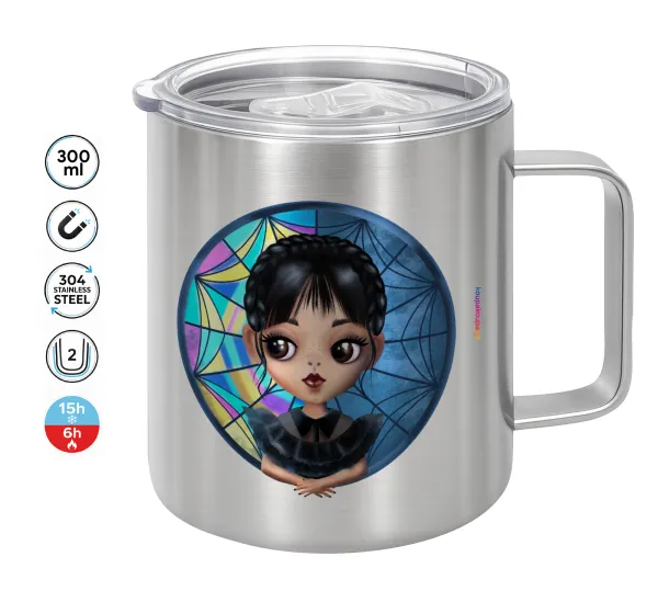 Wednesday big eyes — Double-walled stainless steel mug 300ml with temperature-retaining lid