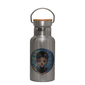 Wednesday big eyes, Μεταλλικό παγούρι θερμός (Stainless steel) Ασημένιο με ξύλινο καπακι (bamboo), διπλού τοιχώματος, 350ml