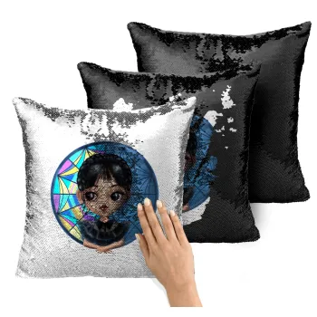 Wednesday big eyes, Μαξιλάρι καναπέ Μαγικό Μαύρο με πούλιες 40x40cm περιέχεται το γέμισμα
