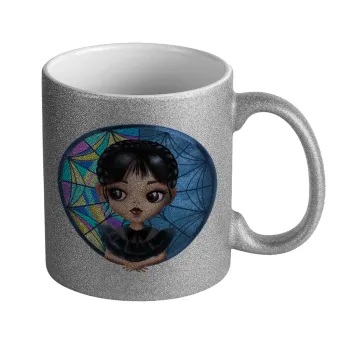 Wednesday big eyes, Κούπα Ασημένια Glitter που γυαλίζει, κεραμική, 330ml