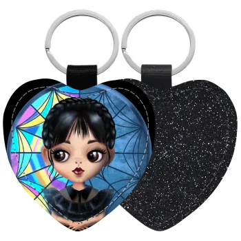Wednesday big eyes, Μπρελόκ PU δερμάτινο glitter καρδιά ΜΑΥΡΟ