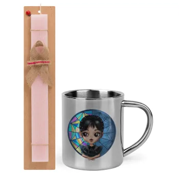 Wednesday big eyes, Easter Set, metallic thermal cup (300ml) & aromatic flat Easter candle (30cm) (PINK)