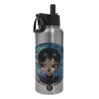 Wednesday big eyes, Μεταλλικό παγούρι θερμός Silver με καλαμάκι και χερούλι (Stainless steel), διπλού τοιχώματος, 950ml