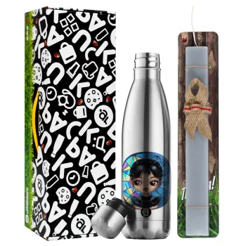 Wednesday big eyes, Easter Set, metallic stainless thermos flask (500ml) & scented flat Easter candle (30cm) (GRAY)