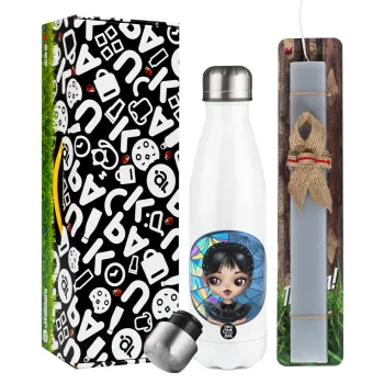 Wednesday big eyes, Easter candle, metallic white thermos bottle (500ml) & aromatic flat candle (30cm) (GRAY)