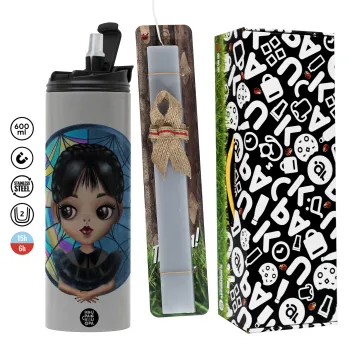 Wednesday big eyes, Πασχαλινή Λαμπάδα με Travel Tumbler θερμό (600ml, BPA free) & κερί αρωματικό πλακέ (30cm) (ΓΚΡΙ)