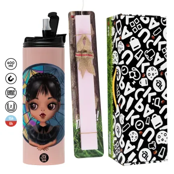 Wednesday big eyes, Πασχαλινή Λαμπάδα με  ΡΟΖ Travel Tumbler θερμό (600ml, BPA free) & κερί αρωματικό πλακέ (30cm) (ΡΟΖ)