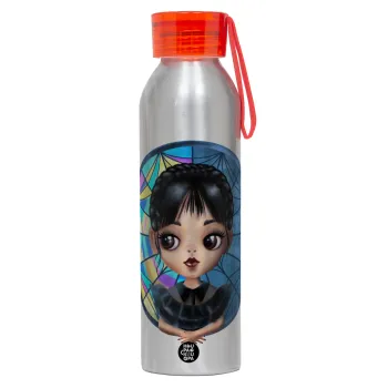 Wednesday big eyes, Αλουμινένιο Αθλητικό Μπουκάλι 650ml – Ασημί με Κόκκινο Καπάκι και Λουράκι Σιλικόνης