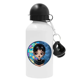 Wednesday big eyes, Metal water bottle, White, aluminum 500ml