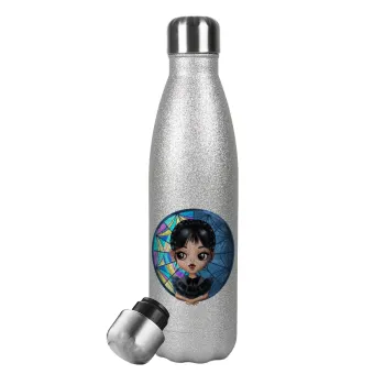 Wednesday big eyes, Metallic Glitter Silver Thermos Flask (Stainless steel), double-walled, 500ml