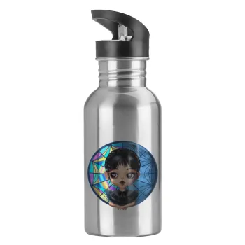 Wednesday big eyes, Παγούρι νερού Ασημένιο με καλαμάκι, ανοξείδωτο ατσάλι 600ml