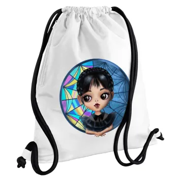 Wednesday big eyes, Τσάντα πλάτης πουγκί GYMBAG λευκή, με τσέπη (40x48cm) & χονδρά κορδόνια