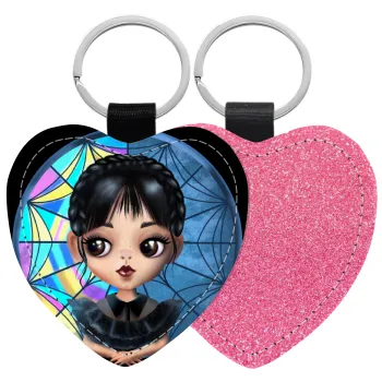 Wednesday big eyes, Μπρελόκ PU δερμάτινο glitter καρδιά ΡΟΖ