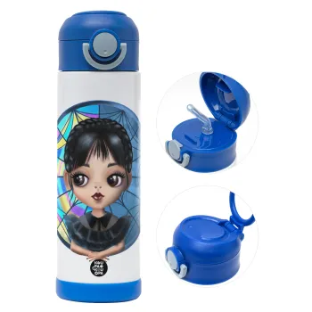 Wednesday big eyes, Children's hot water bottle, stainless steel, with safety straw, BLUE (500ml)