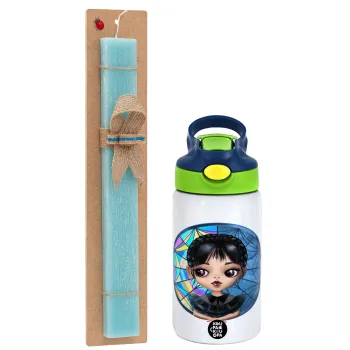 Wednesday big eyes, Easter Set, Children's thermal stainless steel bottle with safety straw, green/blue (350ml) & aromatic flat Easter candle (30cm) (TURQUOISE)