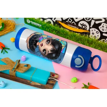 Wednesday big eyes, Πασχαλινή Λαμπάδα με Παιδικό παγούρι θερμό, ανοξείδωτο, με καλαμάκι ασφαλείας, ΜΠΛΕ (500ml)