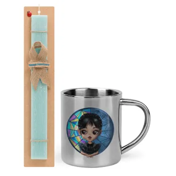 Wednesday big eyes, Easter Set, metallic thermal cup (300ml) & aromatic flat Easter candle (30cm) (TURQUOISE)