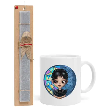 Wednesday big eyes, Πασχαλινή Λαμπάδα με Κούπα κεραμική (330ml) & κερί αρωματικό πλακέ (30cm) (ΓΚΡΙ)