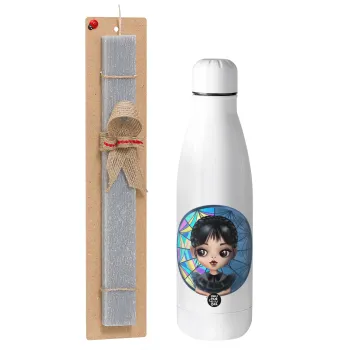 Wednesday big eyes, Easter Set, metallic stainless thermos bottle (500ml) & scented flat Easter candle (30cm) (GRAY)