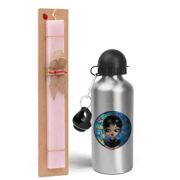 Wednesday big eyes, Easter Set, metallic Silver aluminum water bottle (500ml) & scented flat Easter candle (30cm) (PINK)