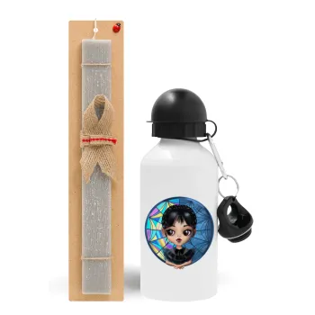 Wednesday big eyes, Easter Set, metallic aluminum water bottle (500ml) & aromatic flat Easter candle (30cm) (GRAY)