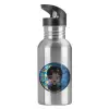 Water bottle Silver with straw, stainless steel 600ml