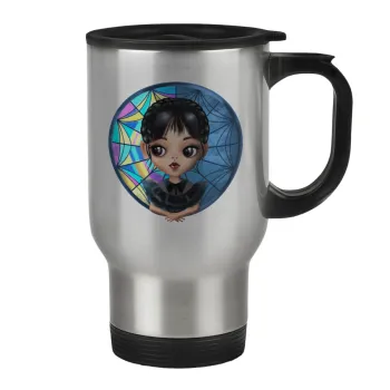 Wednesday big eyes, Stainless steel travel mug with lid, double wall 450ml