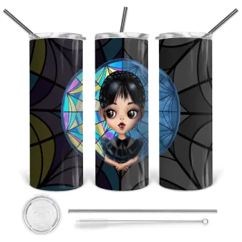 Wednesday big eyes, Tumbler ποτήρι θερμό από ανοξείδωτο ατσάλι 600ml, με μεταλλικό καλαμάκι & βούρτσα καθαρισμού