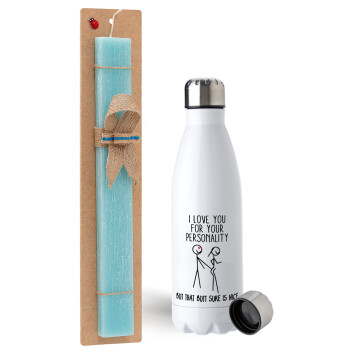 I Love you for your personality, Easter Set, metallic stainless steel water bottle (750ml) & aromatic flat Easter candle (30cm) (TURQUOISE)