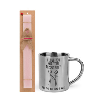 I Love you for your personality, Easter Set, metallic thermal cup (300ml) & aromatic flat Easter candle (30cm) (PINK)