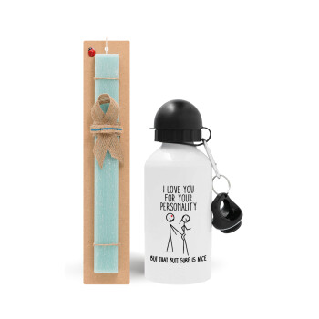 I Love you for your personality, Easter Set, metallic aluminum water bottle (500ml) & scented flat candle (30cm) (TURQUOISE)