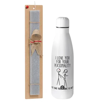 I Love you for your personality, Easter Set, metallic stainless thermos bottle (500ml) & scented flat Easter candle (30cm) (GRAY)