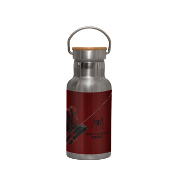 Spiderman, Μεταλλικό παγούρι θερμός (Stainless steel) Ασημένιο με ξύλινο καπακι (bamboo), διπλού τοιχώματος, 350ml