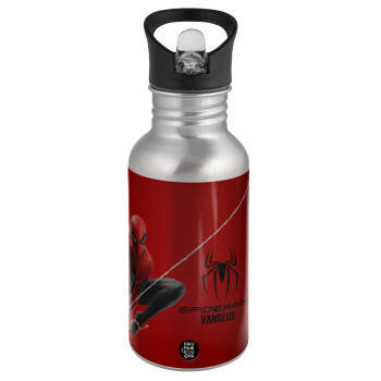 Spiderman, Water bottle Silver with straw, stainless steel 500ml
