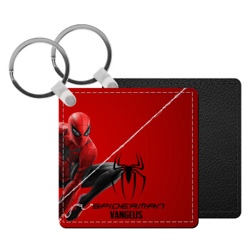 Spiderman, Μπρελόκ Δερματίνη, τετράγωνο ΜΑΥΡΟ (5x5cm)