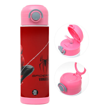 Spiderman, Παιδικό παγούρι θερμό, ανοξείδωτο, με καλαμάκι ασφαλείας, ΡΟΖ (500ml)