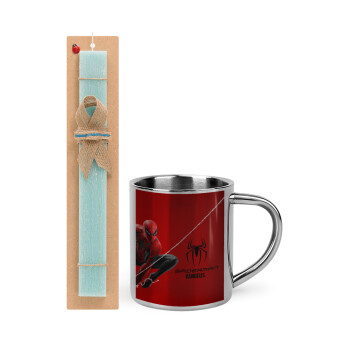 Spiderman, Easter Set, metallic thermal cup (300ml) & aromatic flat Easter candle (30cm) (TURQUOISE)