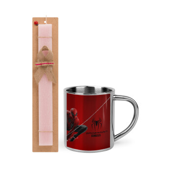 Spiderman, Easter Set, metallic thermal cup (300ml) & aromatic flat Easter candle (30cm) (PINK)