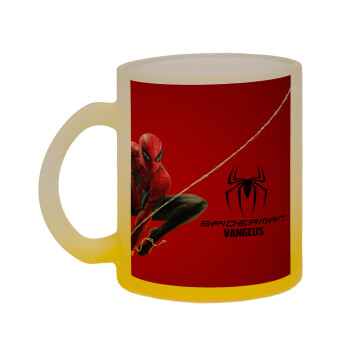 Spiderman, Κούπα γυάλινη δίχρωμη με βάση το κίτρινο ματ, 330ml