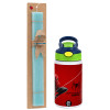 Easter Set, Children's thermal stainless steel bottle with safety straw, green/blue (350ml) & aromatic flat Easter candle (30cm) (TURQUOISE)