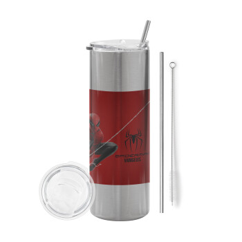 Spiderman, Eco friendly stainless steel Silver tumbler 600ml, with metal straw & cleaning brush