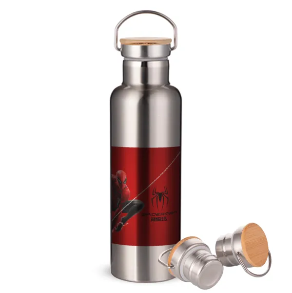 Spiderman — Stainless steel Silver with wooden lid (bamboo), double wall, 750ml