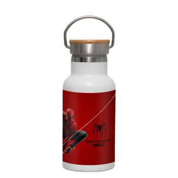 Spiderman, Metallic thermos (Stainless steel) White with wooden lid (bamboo), double-walled, 350ml
