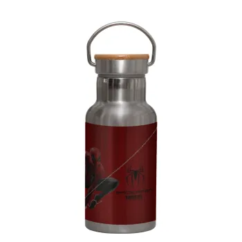 Spiderman, Μεταλλικό παγούρι θερμός (Stainless steel) Ασημένιο με ξύλινο καπακι (bamboo), διπλού τοιχώματος, 350ml