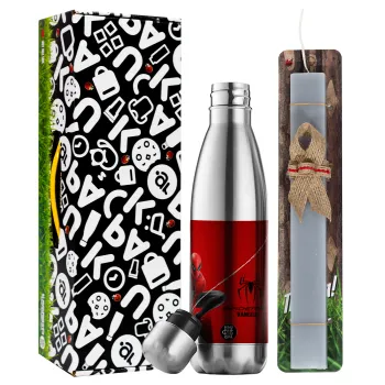 Spiderman, Easter Set, metallic stainless thermos flask (500ml) & scented flat Easter candle (30cm) (GRAY)