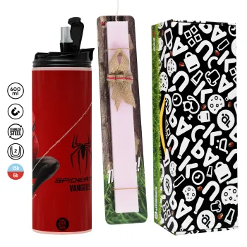 Spiderman, Πασχαλινή Λαμπάδα με  ΡΟΖ Travel Tumbler θερμό (600ml, BPA free) & κερί αρωματικό πλακέ (30cm) (ΡΟΖ)