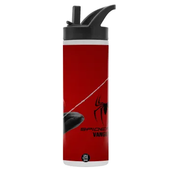 Spiderman, Metallic thermos bottle with straw & handle, stainless steel (Stainless steel 304), double-walled, 600ml.