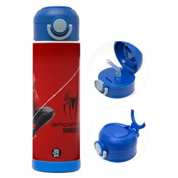 Spiderman, Children's hot water bottle, stainless steel, with safety straw, BLUE (500ml)