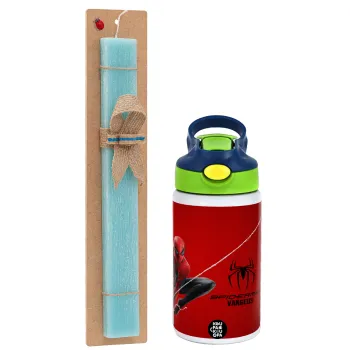 Spiderman, Easter Set, Children's thermal stainless steel bottle with safety straw, green/blue (350ml) & aromatic flat Easter candle (30cm) (TURQUOISE)